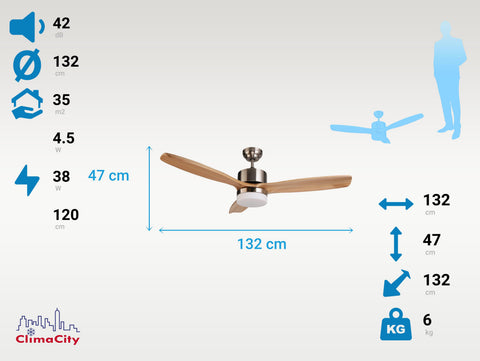 Ventilador de techo DC marrÃ³n aspas de 132cm con luz para 35m2