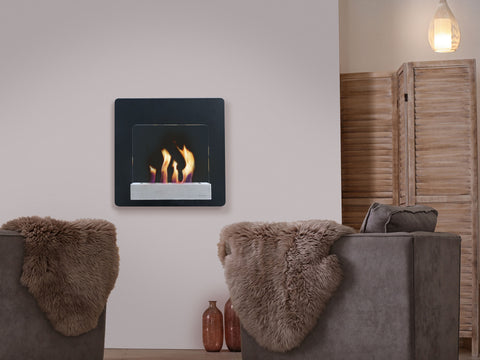 Chimenea de etanol mural en acero negro y cristal templado