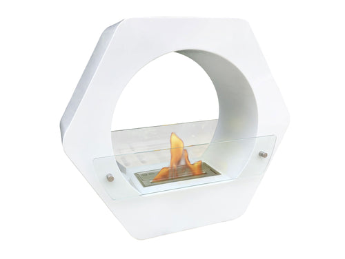Chimenea de etanol de suelo de 2000W, diseño hexagonal en acero lacado blanco, con cristal templado