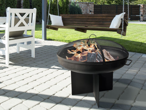 Brasero de exterior circular en acero negro con tapa protectora