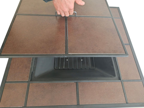 Brasero exterior rectangular en cerámica y mármol con parrilla