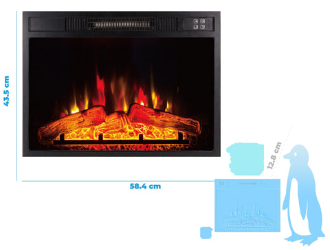Chimenea Eléctrica mural, 2000W, cristal templado negro, diseño vintage encastrable, con mando a distancia y llama ajustable