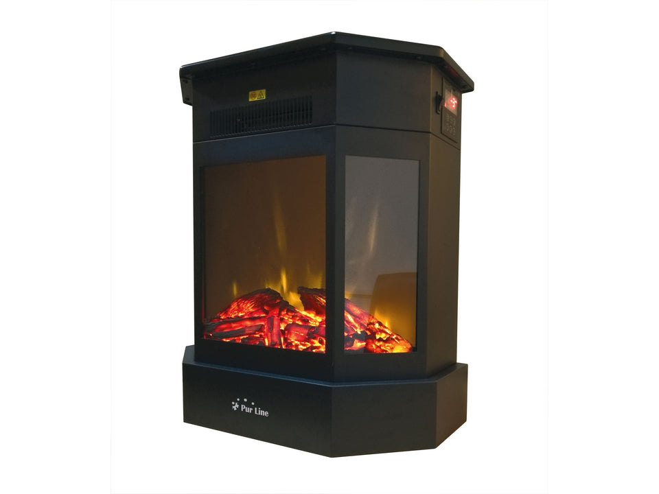 Chimenea Eléctrica de suelo, 2000W, diseño retro en acero negro y 3 cristales templados, incluye mando a distancia