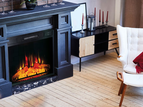 Chimenea Eléctrica mural, 2000W, cristal templado negro, diseño vintage encastrable, con mando a distancia y llama ajustable