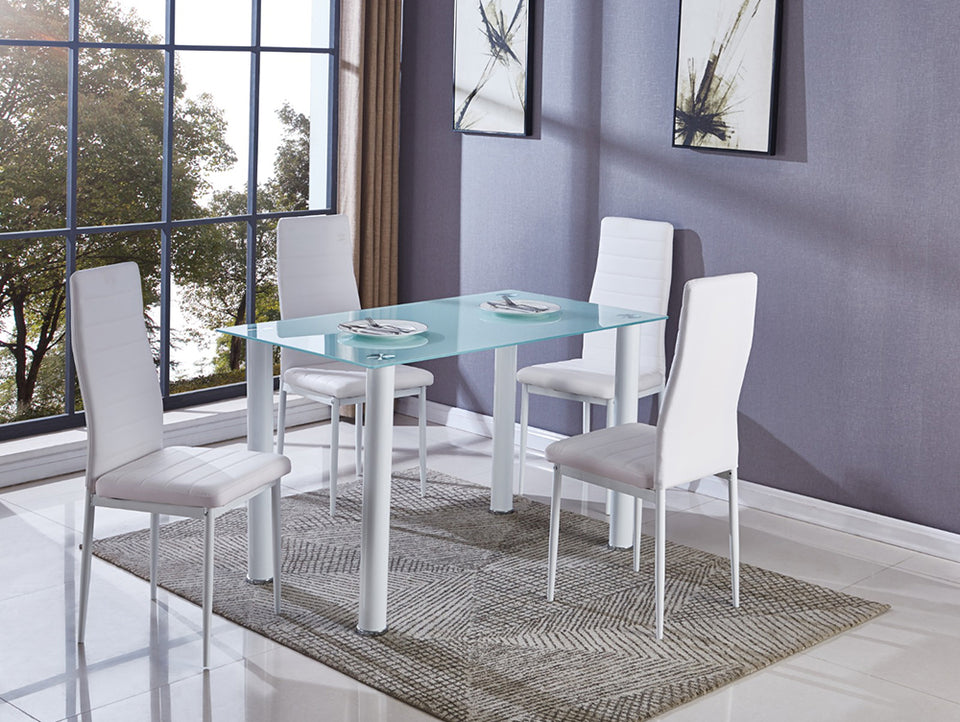 conjunto-mesa-comedor-de-cristal-110x70cm-y-4-sillas-acolchadas – Firstline  España