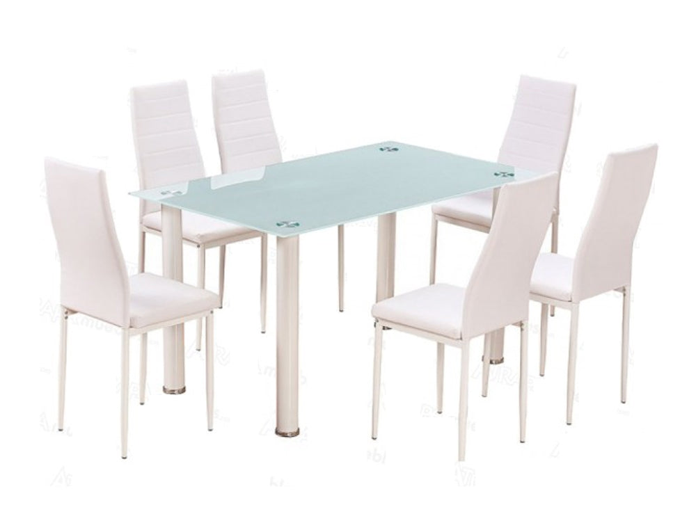 Conjunto Mesa Comedor de Cristal 140x70cm y 6 sillas acolchadas