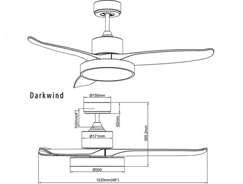 Ventilador de techo DC negro con aspas de 122cm y luz para 25m2