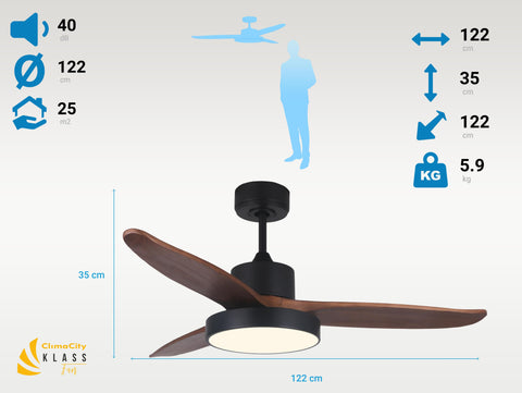 Ventilador de techo DC negro con aspas de 122cm y luz para 25m2