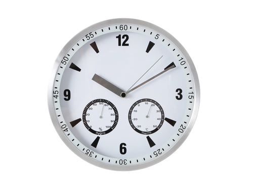 Reloj analógico de pared con indicador de temperatura y humedad en color blanco