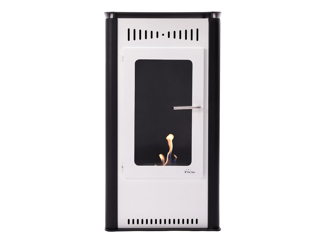 Estufa de exterior de bioetanol 3kW, diseño rectangular en acero blanco con puerta en cristal templado