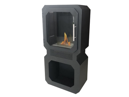Estufa de exterior de bioetanol 2.5kW, en acero negro, con cavidad inferior para leña