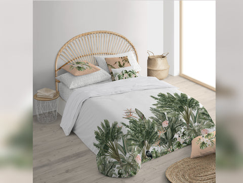 Funda nórdica con cierre de botones 100% algodón puro 1 pieza en blanco con motivos vegetales