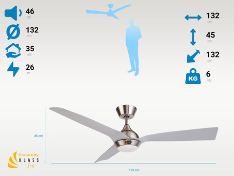 Ventilador de techo DC gris con aspas de 132cm y luz para 35m2