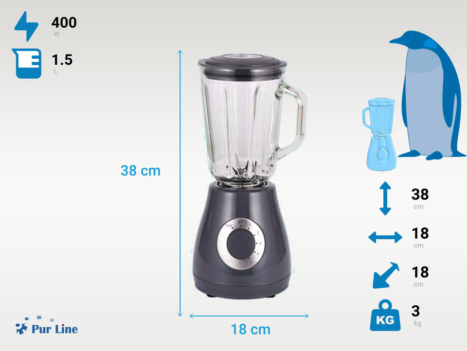 Batidora de vaso 400W con jarra de cristal de 1.5L y 5 velocidades