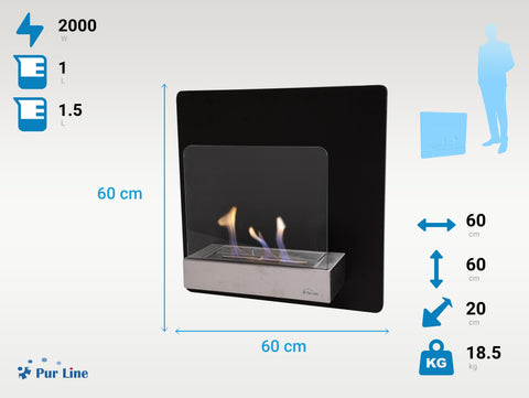 Chimenea de etanol mural en acero negro y cristal templado