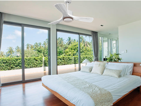 Ventilador de techo Modo Invierno/Verano Termostato Dimable Wifi Motor DC Techos Inclinados Mando a Distancia Luz tres tonos Hypersilence Memoria