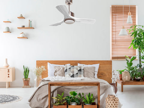 Ventilador de techo Modo Invierno/Verano Termostato Dimable Wifi Motor DC Techos Inclinados Mando a Distancia Luz tres tonos Hypersilence Memoria