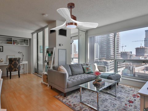 Ventilador de techo Modo Invierno/Verano Termostato Dimable Wifi Motor DC Techos Inclinados Mando a Distancia Luz tres tonos Hypersilence Memoria