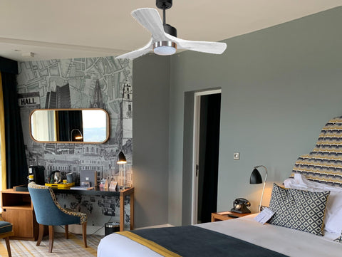 Ventilador de techo Modo Invierno/Verano Termostato Dimable Wifi Motor DC Techos Inclinados Mando a Distancia Luz tres tonos Hypersilence Memoria