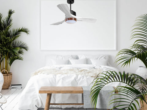 Ventilador de techo Modo Invierno/Verano Termostato Dimable Wifi Motor DC Techos Inclinados Mando a Distancia Luz tres tonos Hypersilence Memoria