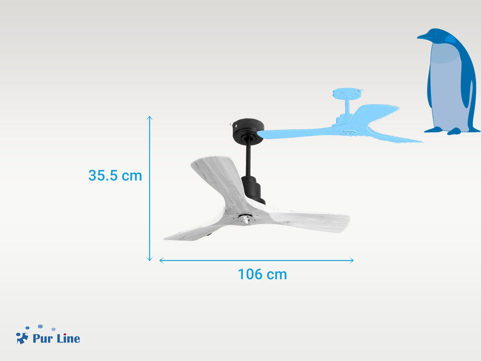 Ventilador de techo Modo Invierno/Verano Termostato Dimable Wifi Motor DC Techos Inclinados Mando a Distancia Luz tres tonos Hypersilence Memoria