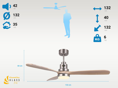 Ventilador de techo DC beige con aspas de madera 132cm y luz para 35m2