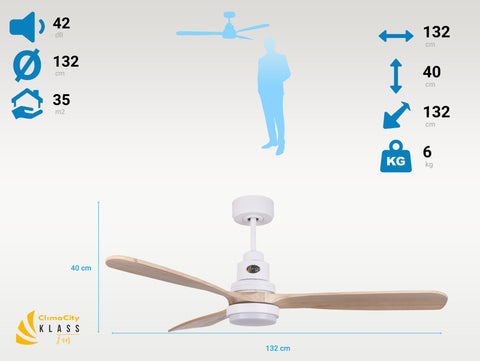 Ventilador de techo DC blanco con aspas de 132cm y luz para 35m2