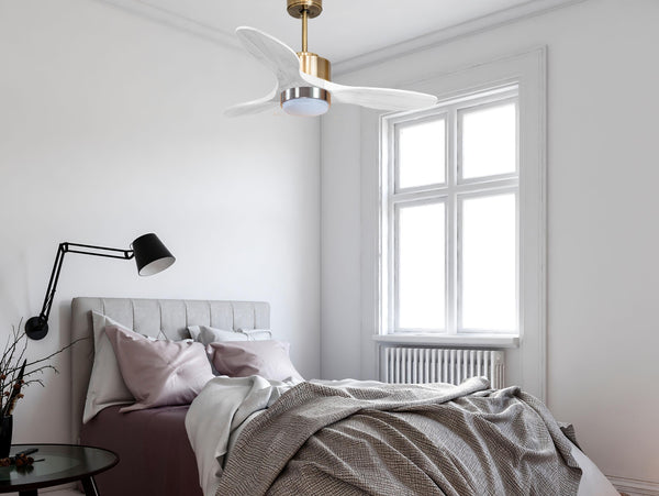 Ventilador de techo Modo Invierno/Verano Termostato Dimable Wifi Motor DC Techos Inclinados Mando a Distancia Luz tres tonos Hypersilence Memoria