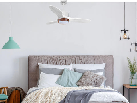 Ventilador de techo Modo Invierno/Verano Termostato Dimable Wifi Motor DC Techos Inclinados Mando a Distancia Luz tres tonos Hypersilence Memoria