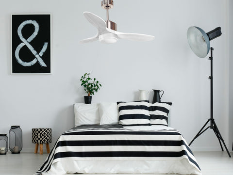 Ventilador de techo Modo Invierno/Verano Termostato Dimable Wifi Motor DC Techos Inclinados Mando a Distancia Luz tres tonos Hypersilence Memoria