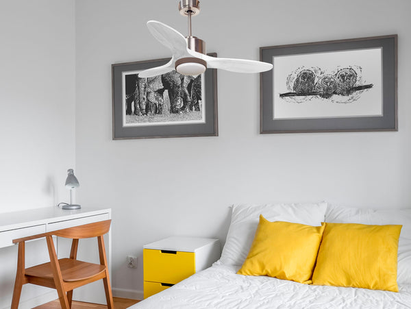 Ventilador de techo Modo Invierno/Verano Termostato Dimable Wifi Motor DC Techos Inclinados Mando a Distancia Luz tres tonos Hypersilence Memoria