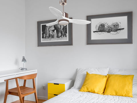 Ventilador de techo Modo Invierno/Verano Termostato Dimable Wifi Motor DC Techos Inclinados Mando a Distancia Luz tres tonos Hypersilence Memoria