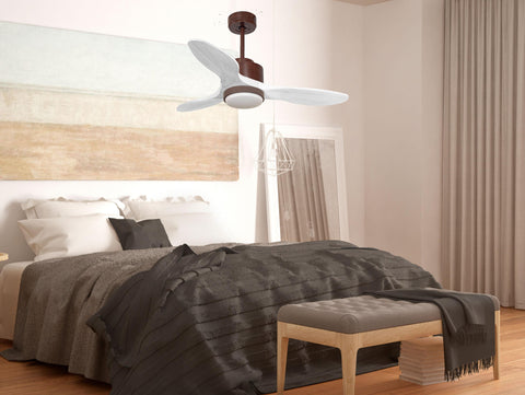 Ventilador de techo Modo Invierno/Verano Termostato Dimable Wifi Motor DC Techos Inclinados Mando a Distancia Luz tres tonos Hypersilence Memoria