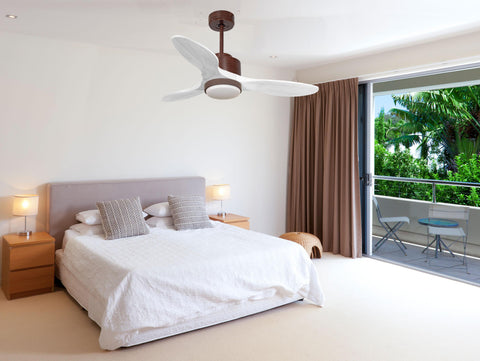 Ventilador de techo Modo Invierno/Verano Termostato Dimable Wifi Motor DC Techos Inclinados Mando a Distancia Luz tres tonos Hypersilence Memoria