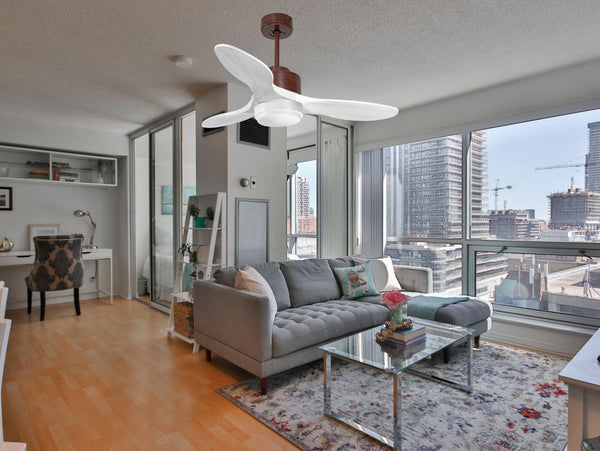 Ventilador de techo Modo Invierno/Verano Termostato Dimable Wifi Motor DC Techos Inclinados Mando a Distancia Luz tres tonos Hypersilence Memoria