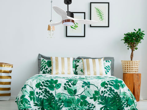 Ventilador de techo Modo Invierno/Verano Termostato Dimable Wifi Motor DC Techos Inclinados Mando a Distancia Luz tres tonos Hypersilence Memoria