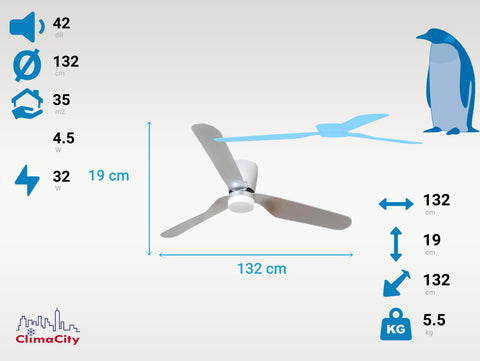 Ventilador de techo DC plata con aspas de ABS 132cm y luz para 35m2