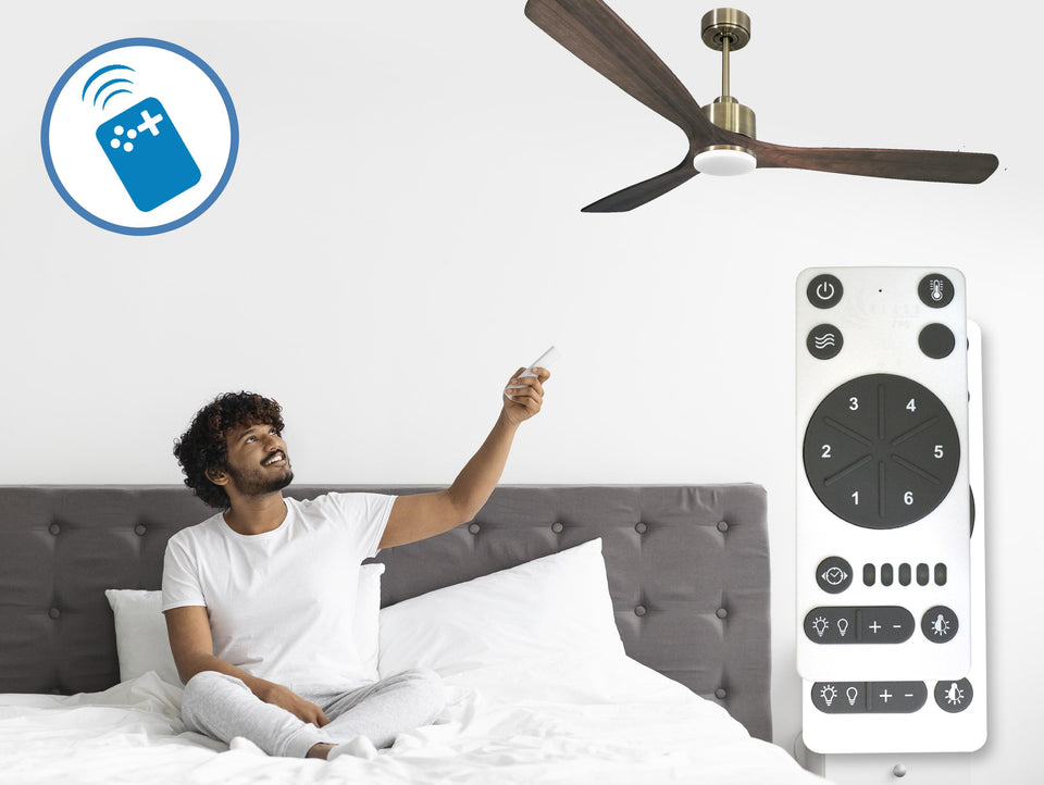 Ventilador de techo Reversible Termostato Dimable Wifi Motor DC Techos Inclinados Mando a Distancia Luz tres tonos Memoria 2