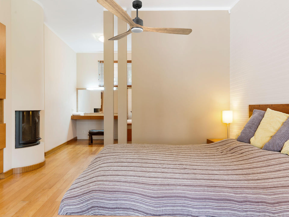 Ventilador de techo Reversible Termostato Dimable Wifi Motor DC Techos Inclinados Mando a Distancia Luz tres tonos Hypersilence Memoria 6