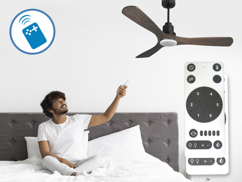 Ventilador de techo Reversible Termostato Dimable Wifi Motor DC Techos Inclinados Mando a Distancia Luz tres tonos Hypersilence Memoria 7