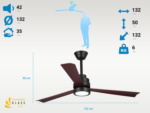 Ventilador de techo DC negro con aspas de 132cm y luz para 35m2