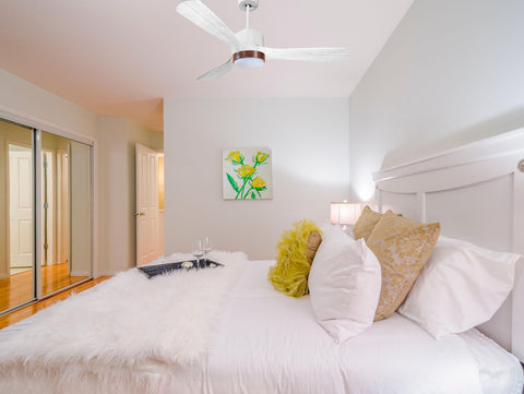 Ventilador de techo Modo Invierno/Verano Termostato Dimable Wifi Motor DC Techos Inclinados Mando a Distancia Luz tres tonos Hypersilence Memoria