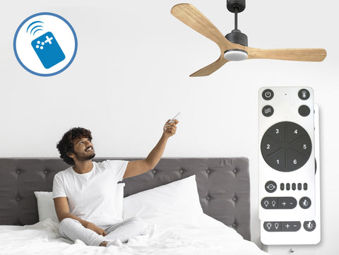 Ventilador de techo Reversible Termostato Dimable Wifi Motor DC Techos Inclinados Mando a Distancia Luz tres tonos Hypersilence Memoria 3