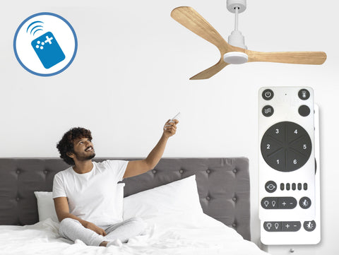 Ventilador de techo Reversible Termostato Dimable Wifi Motor DC Techos Inclinados Mando a Distancia Luz tres tonos Hypersilence Memoria 7