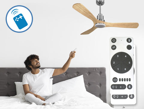 Ventilador de techo Reversible Termostato Dimable Wifi Motor DC Techos Inclinados Mando a Distancia Luz tres tonos Hypersilence Memoria 6