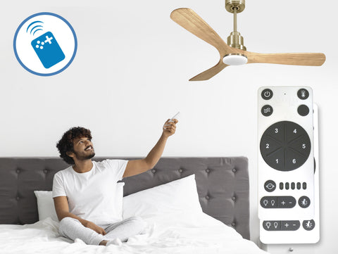 Ventilador de techo Reversible Termostato Dimable Wifi Motor DC Techos Inclinados Mando a Distancia Luz tres tonos Hypersilence Memoria 3