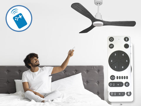 Ventilador de techo Reversible Termostato Dimable Wifi Motor DC Techos Inclinados Mando a Distancia Luz tres tonos Hypersilence Memoria 6