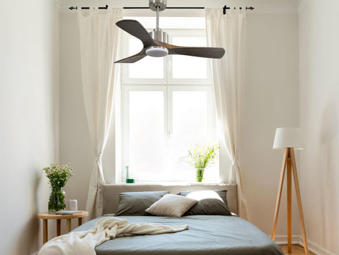 Ventilador de techo Reversible Termostato Dimable Wifi Motor DC Techos Inclinados Mando a Distancia Luz tres tonos Hypersilence Memoria 7