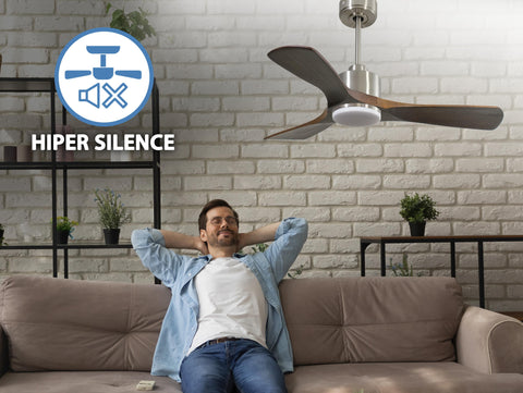 Ventilador de techo Reversible Termostato Dimable Wifi Motor DC Techos Inclinados Mando a Distancia Luz tres tonos Hypersilence Memoria 4