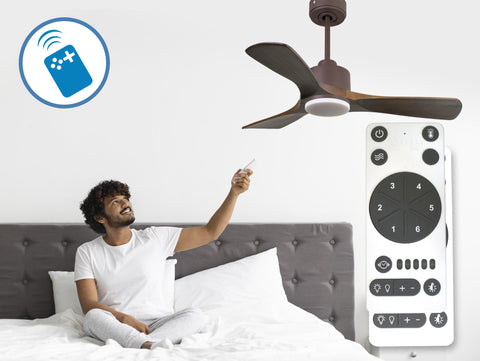 Ventilador de techo Reversible Termostato Dimable Wifi Motor DC Techos Inclinados Mando a Distancia Luz tres tonos Hypersilence Memoria 4
